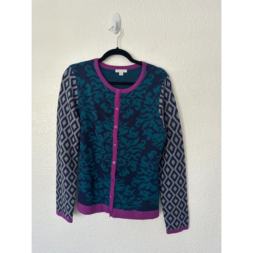 Garnet Hill Mixed Jacquard Cardigan Merino Wool Diamond Pattern Sleeves Medium